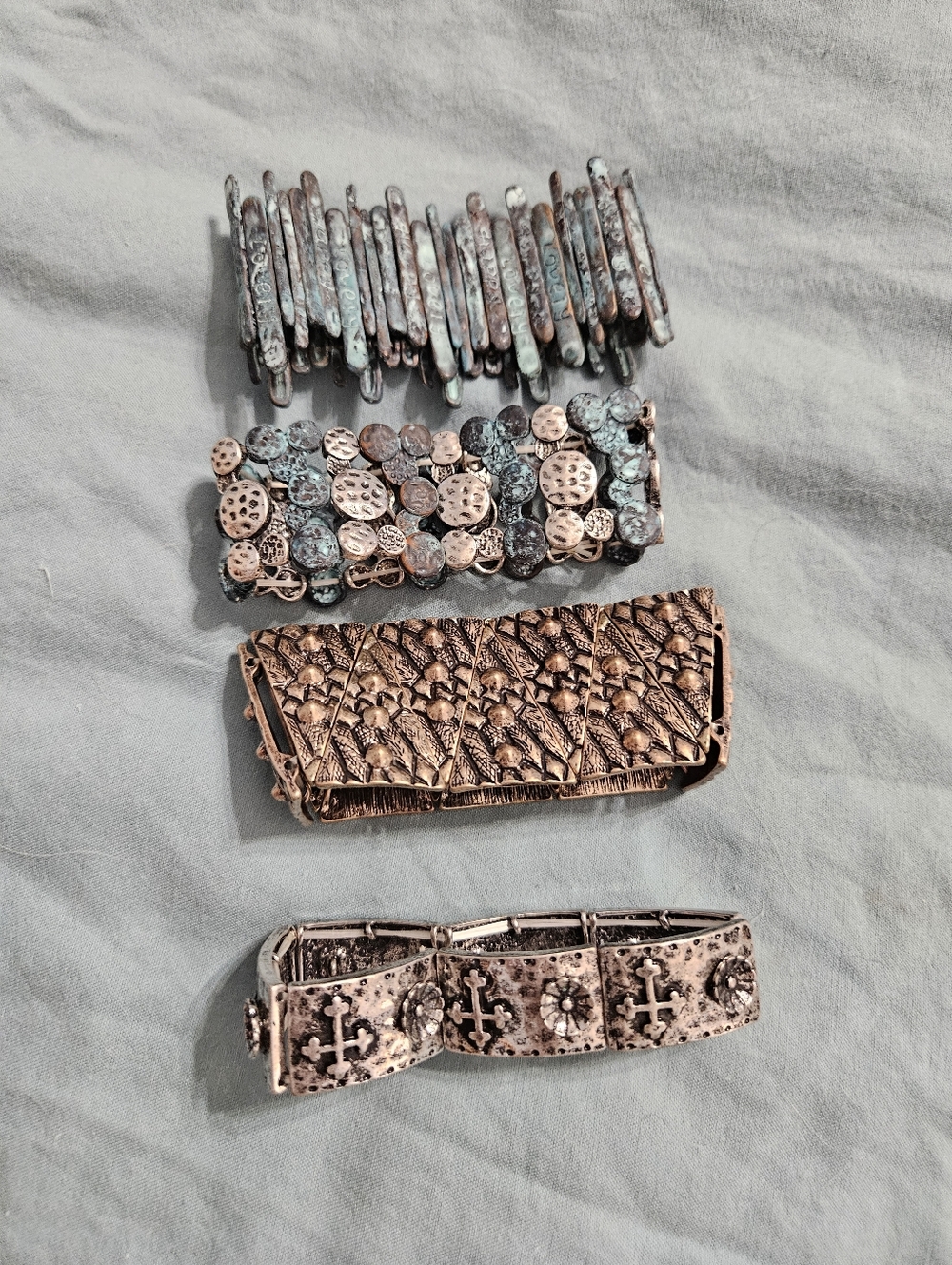 Boho-Set of 4 Decorative Metal Stretch Bracelets — Antiqued Copper & Patina